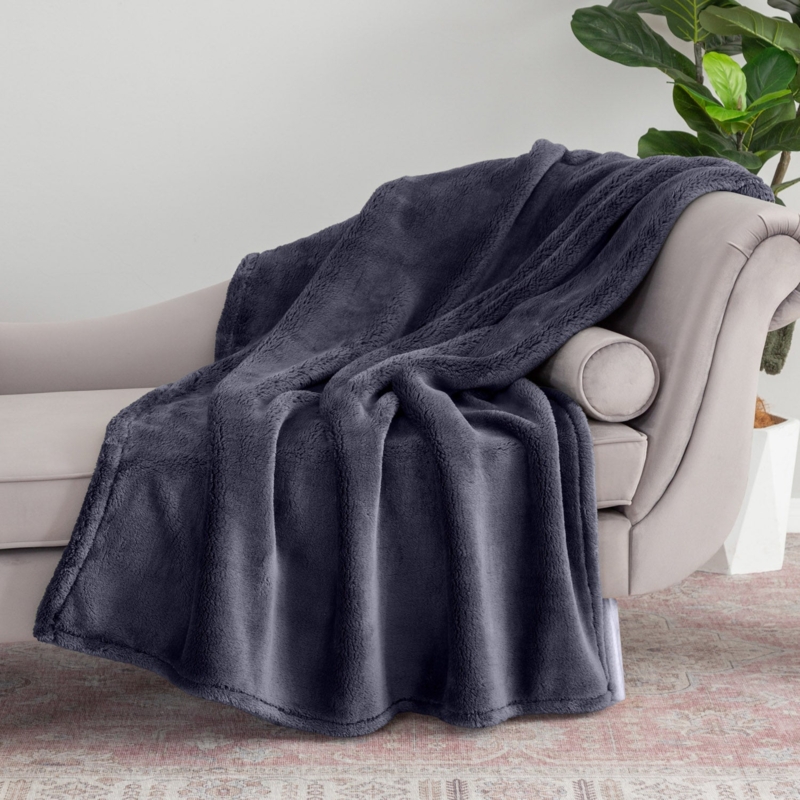 Oversized Navy Throw Blanket Extra Fluffy Texture High Pile Plush