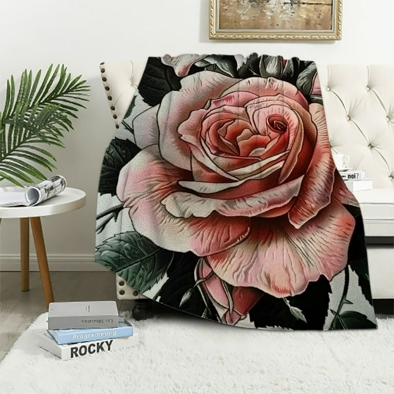 Oversized Rose Print Throw Blanket Soft Watercolor Pink Botanical