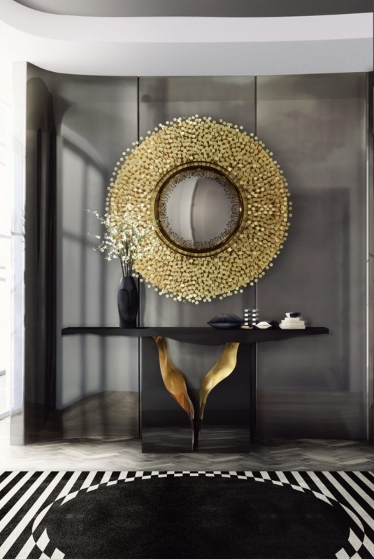 Oversized Round Wall Mirror, Segmented Gold Frame High Gloss Finish