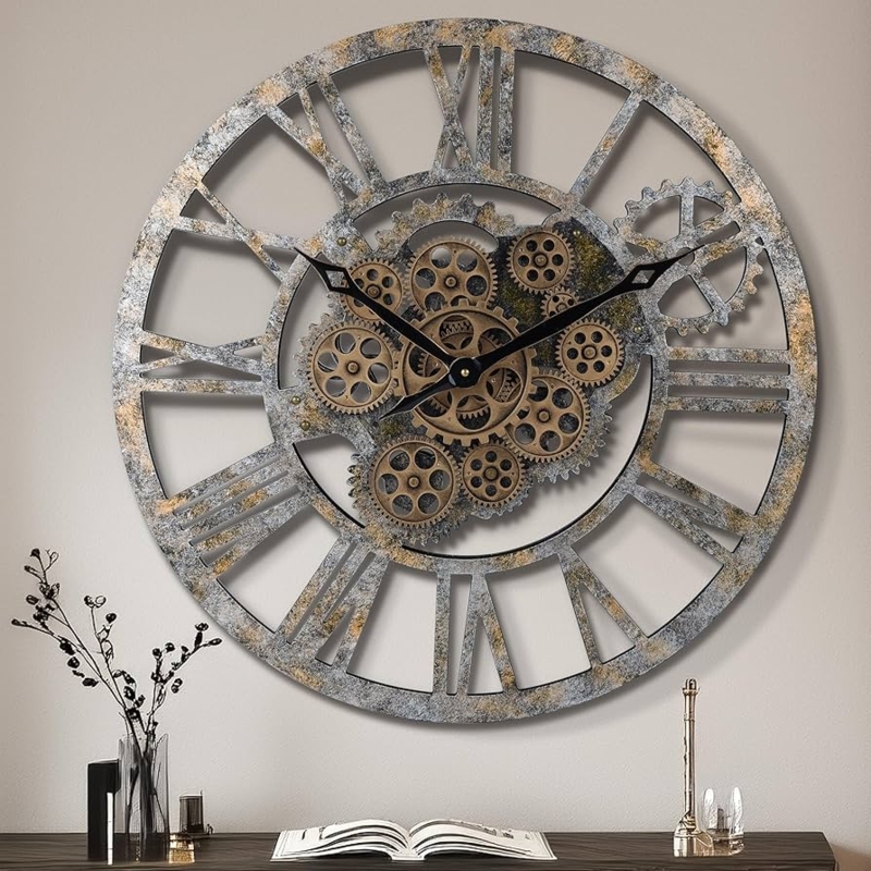 Oversized Rustic Industrial Wall Clock Distressed Ring Moving Gears