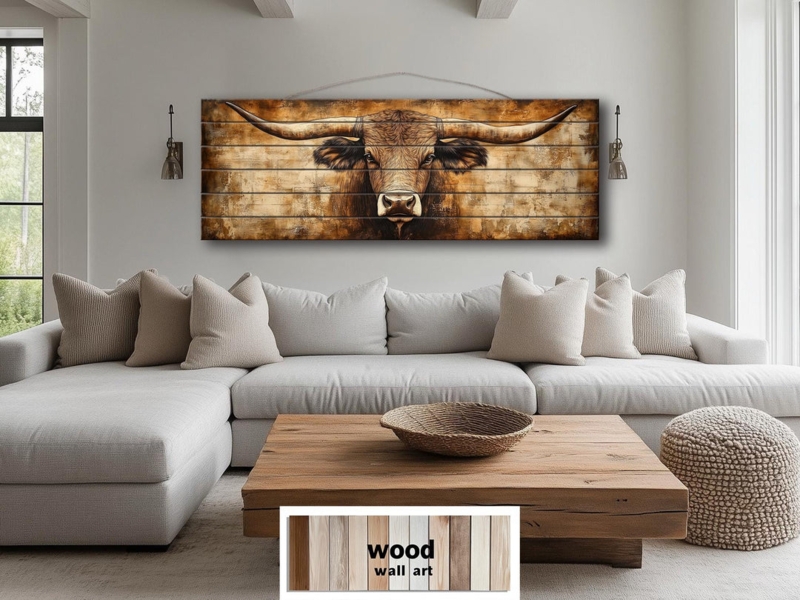 Oversized Rustic Longhorn Wall Art: Wood Plank Farmhouse Decor