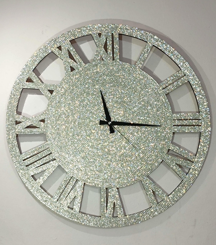 Oversized Sunburst Wall Clock Mirrored Finish Crystal Accents