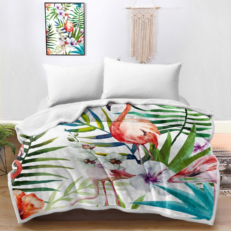 Oversized Throw Blanket with Flamingo Pattern and Sherpa Lining