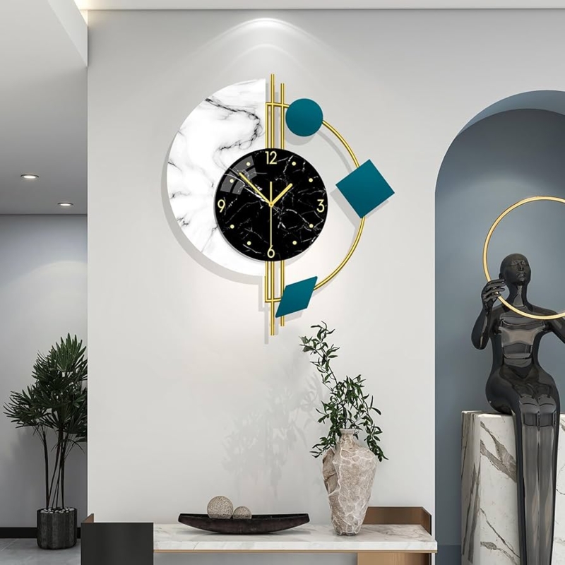 Oversized Vertical Wall Clock with Organic Silhouette in Blue and Gold