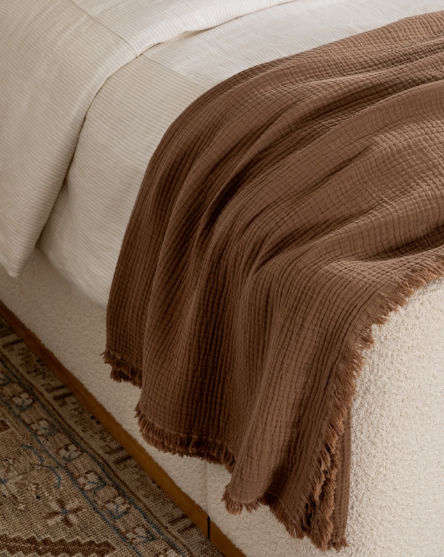 Oversized Waffle Weave Throw Blanket Cream Fringe Trim Farmhouse
