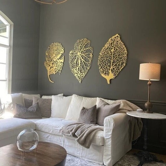 Oversized Wall Art Set with Matte Black Skeletonized Leaves