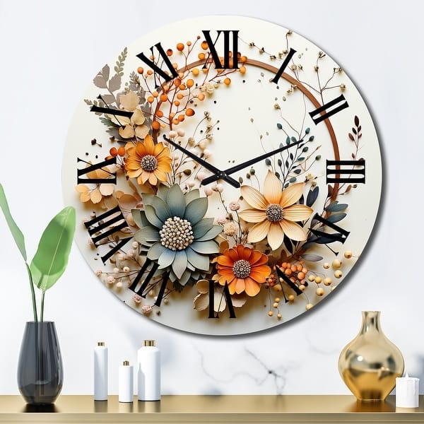 Oversized Wall Clock Beige Orange Floral Wreath Farmhouse Decor