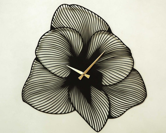 Oversized Wall Clock Black Metal Filigree Open Frame Modern Floral