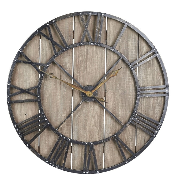 Oversized Wall Clock Brown Wood And Black Metal Open Work Center