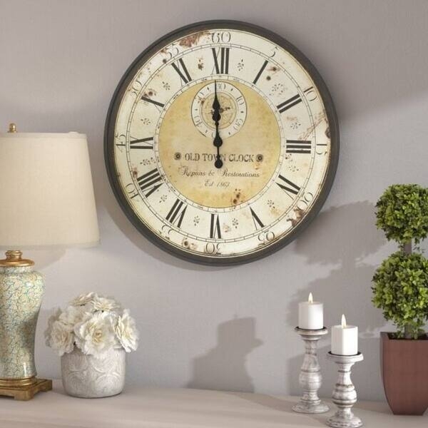Oversized Wall Clock Distressed Cream Face Roman Numerals Farmhouse Metal
