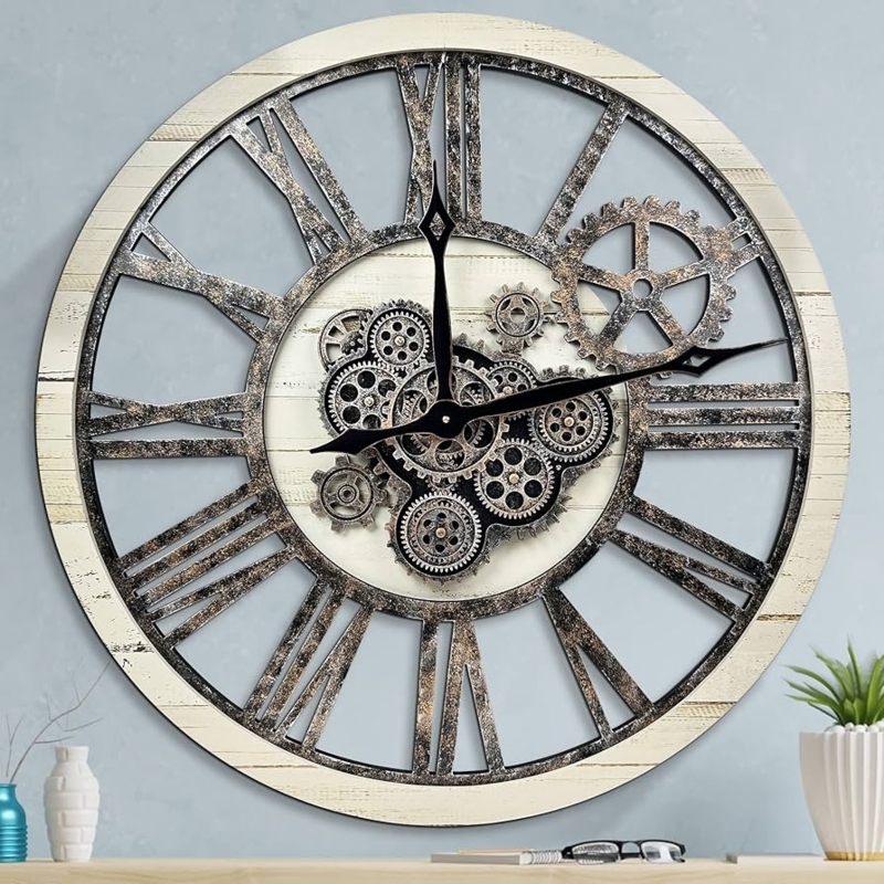 Oversized Wall Clock Exposed Gears Vintage Industrial Style