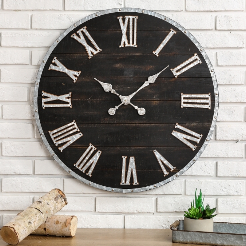 Oversized Wall Clock Galvanized Center Wood Spokes Rustic Metal