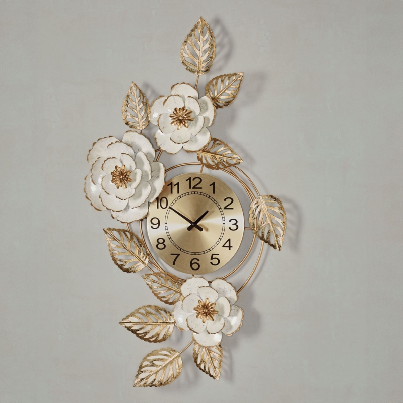 Oversized Wall Clock Ivory And Gold Floral Metal Wall Art