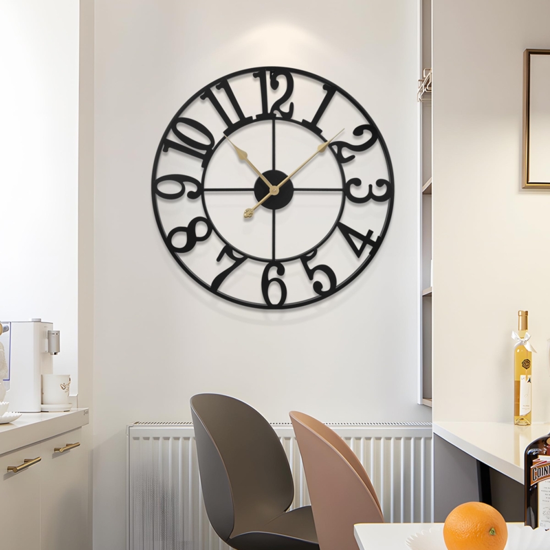 Oversized Wall Clock Living Room Black Metal Gear Design