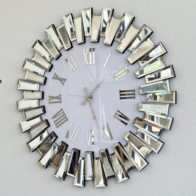 Oversized Wall Clock Mirrored Face Silver Roman Numerals