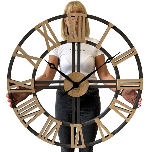 Oversized Wall Clock Mixed Material Wood And Black Metal Loft Style