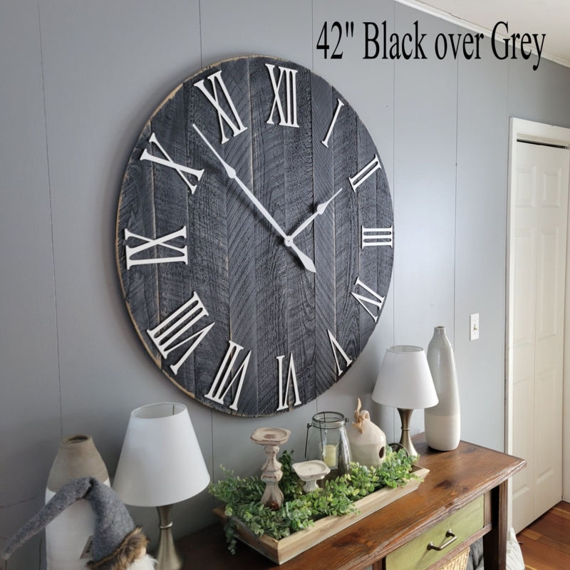 Oversized Wall Clock Natural Wood Grain Roman Numerals Farmhouse Style
