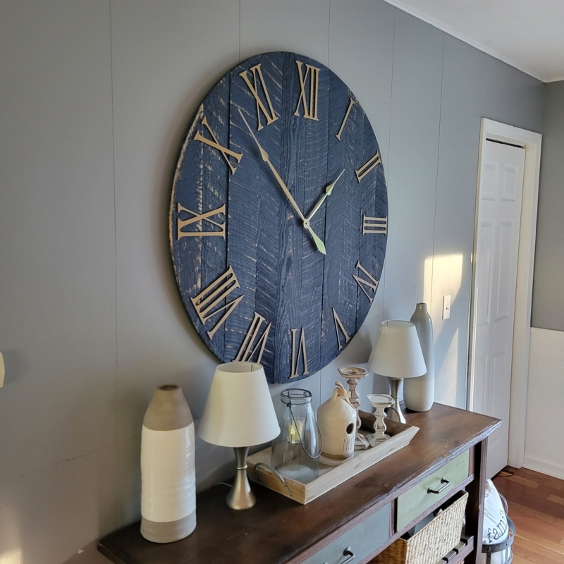 Oversized Wall Clock Navy Blue And Gold Roman Numerals Farmhouse