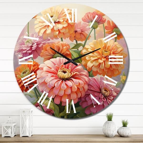 Oversized Wall Clock, Romantic Impressionist Zinnia Floral Print