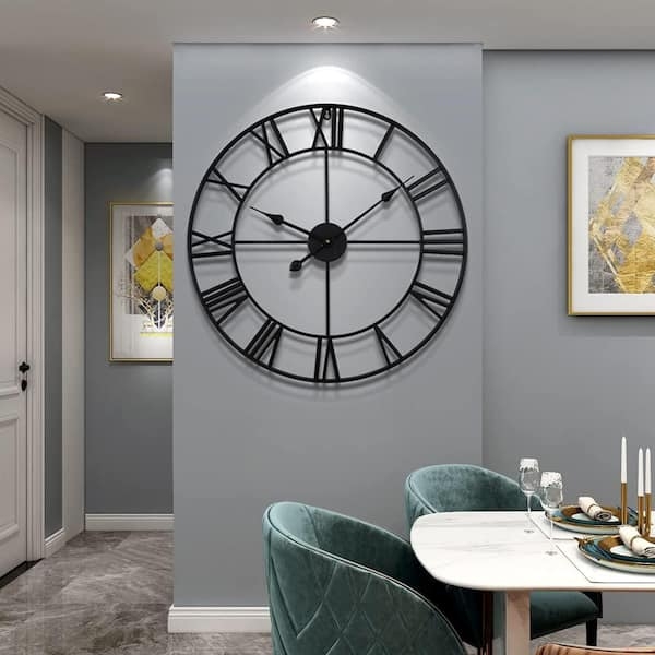 Oversized Wall Clock, Skeleton Frame with Roman Numerals and Gold Hands