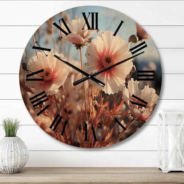 Oversized Wall Clock, Vibrant Wildflower Meadow Print, Wood Base