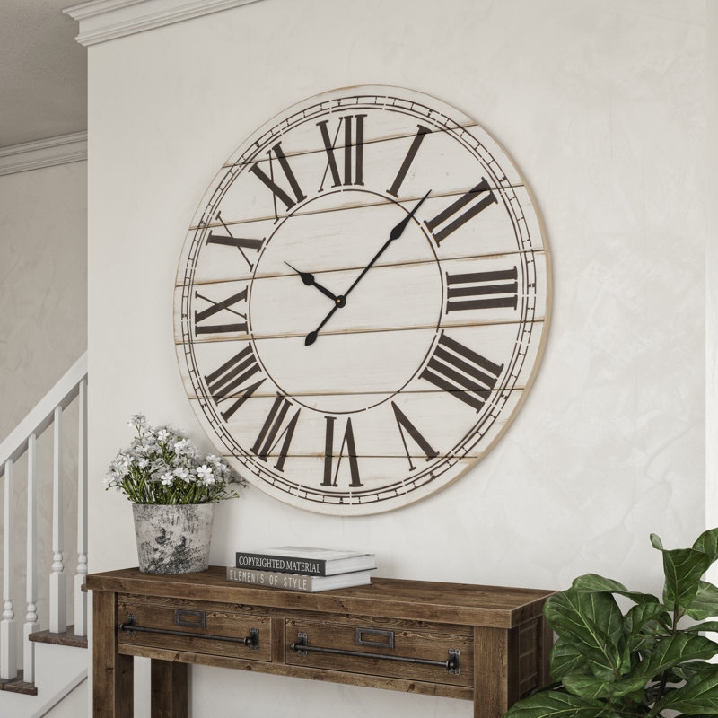 Oversized Wall Clock Whitewashed Shiplap Face Roman Numerals