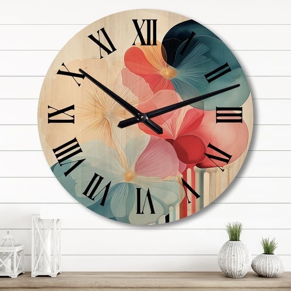 Oversized Wall Clock with Abstract Painterly Floral Graphic on Wood