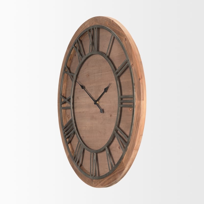 Oversized Wall Clock, Wood Frame with Silver Metal Roman Numeral Dial