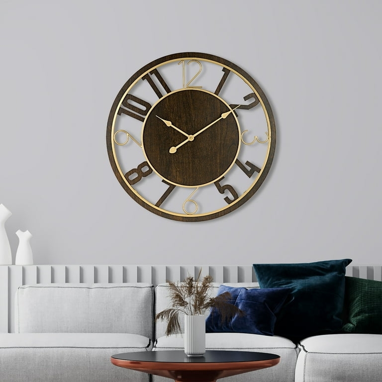 Oversized Wood Wall Clock Gold Metal Open Frame Design Farmhouse Decor