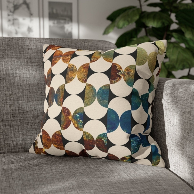 Pair of Atomic Age Geometric Pillow Covers in Blue and Brown Tones