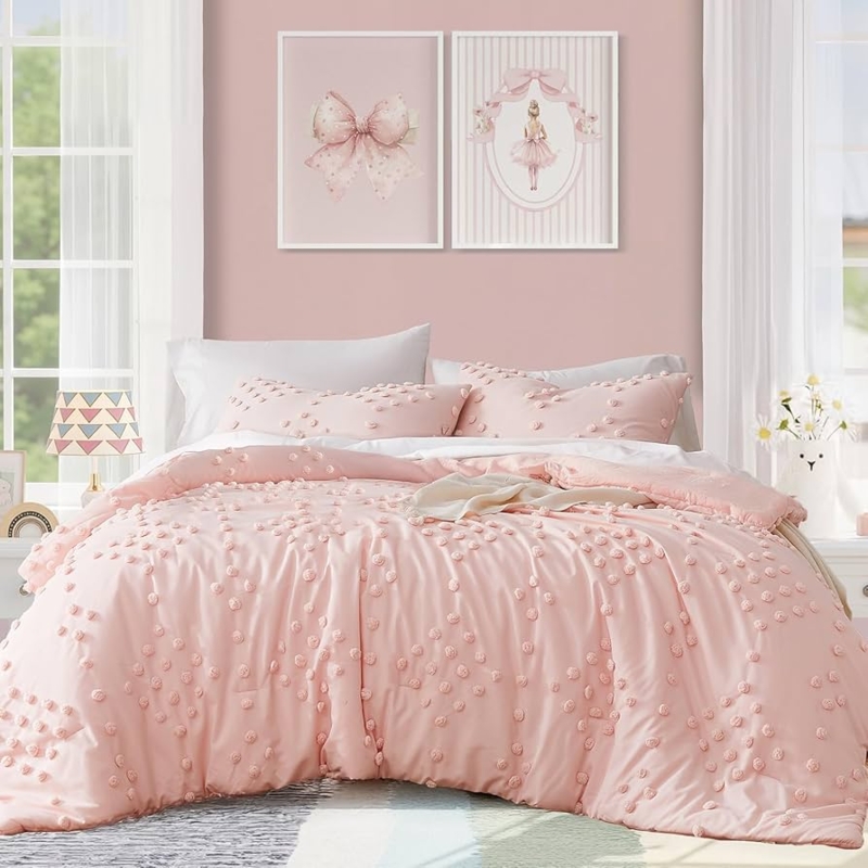 Pastel Pink Pom-Pom Tufted Comforter Set, Soft Microfiber Contemporary.