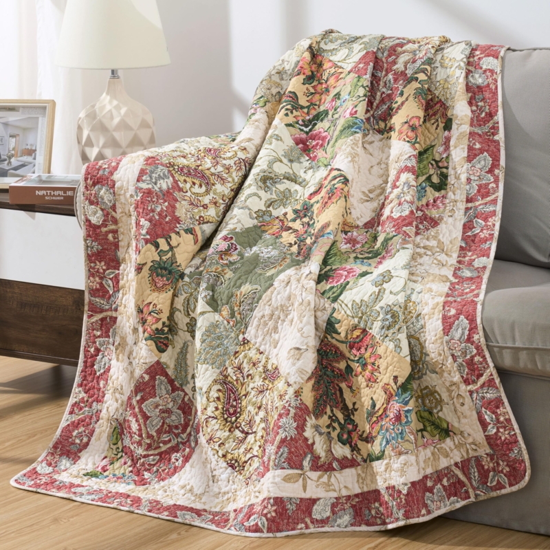Patchwork Quilt Blue Floral Diamond Stitching Reversible Cottage