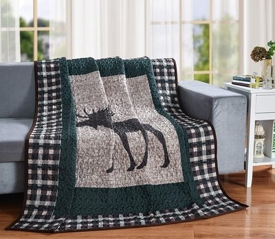 Patchwork Quilt Throw Moose Plaid Red Black Rustic Cabin Bedding