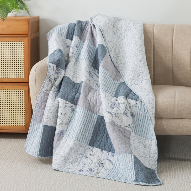 Patchwork Throw Blanket Coastal Floral Mix Patterns Bound Edges