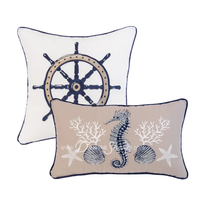 Pattern Mix Throw Pillow Set, Embroidered Anchor, Maritime Colors.