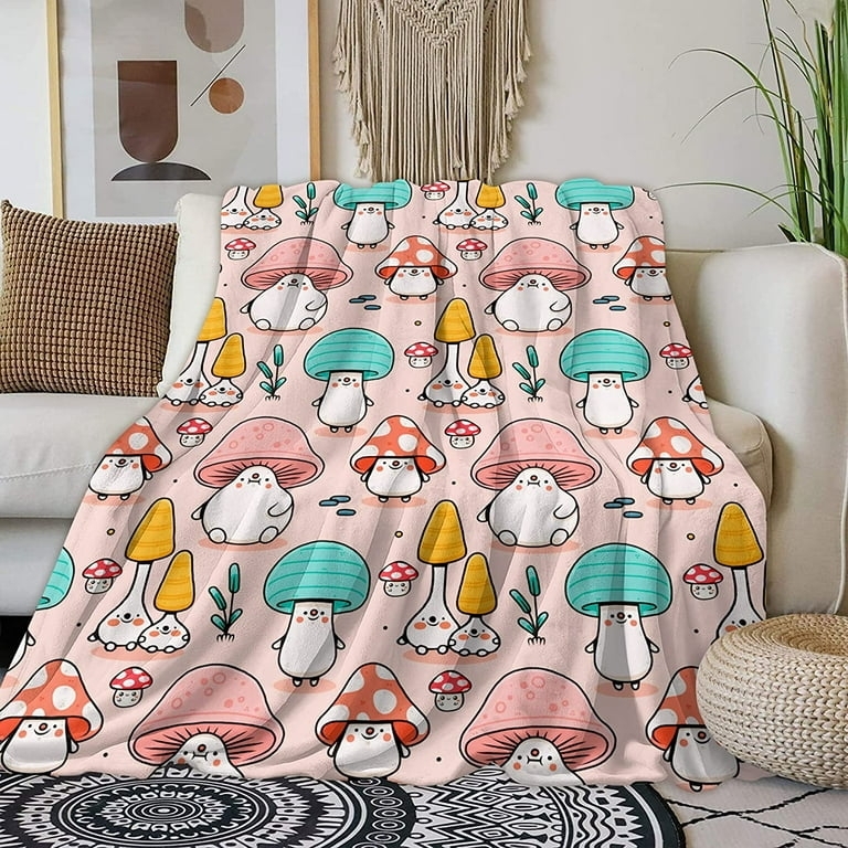 Patterned Throw Blanket Red Mushroom Print Plush Fleece Cottagecore
