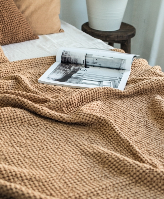 Peanut Brown Waffle Throw Blanket with Bohemian Fringed Edges