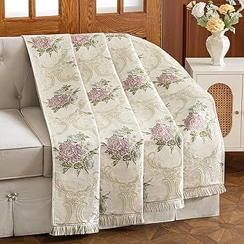 Pearly Beige Floral Jacquard Throw Blanket, Twisted Fringe, French Style Damask