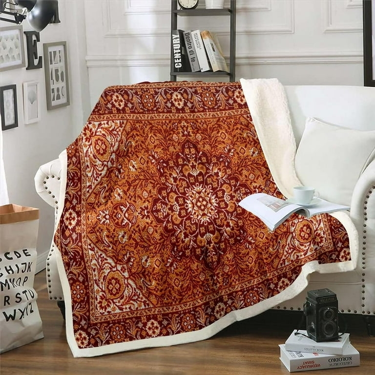 Persian Style Sherpa Throw Blanket with Cozy Burgundy & Navy Rug Pattern