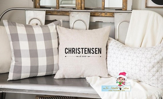 Personalized Farmhouse Throw Pillow with Custom Text on Cream Fabric
