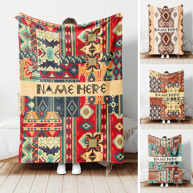 Personalized Throw Blanket with Southwestern Motifs and Turquoise Accents