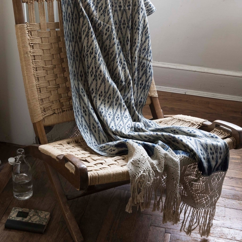 Peruvian Ikat Pattern Throw, Black and Cream, Tasseled Fringe