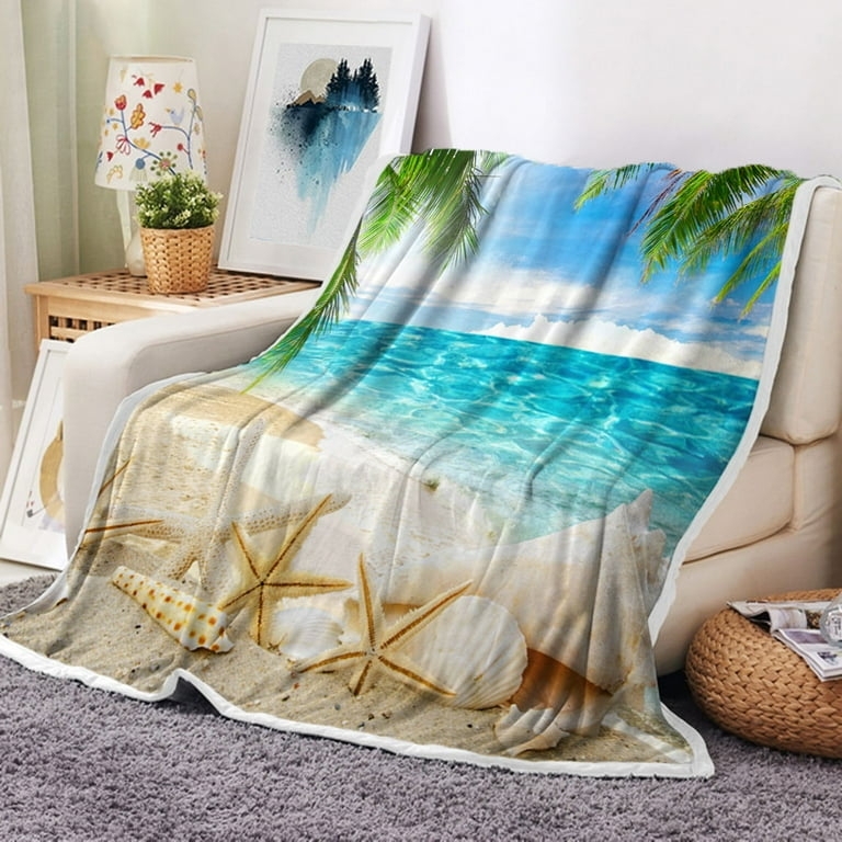 Photorealistic Beach Scene Throw Blanket, Plush Coastal Fleece