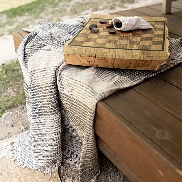 Picnic Blanket Woven Throw with Leather Carrier Oversized Fringe Boho