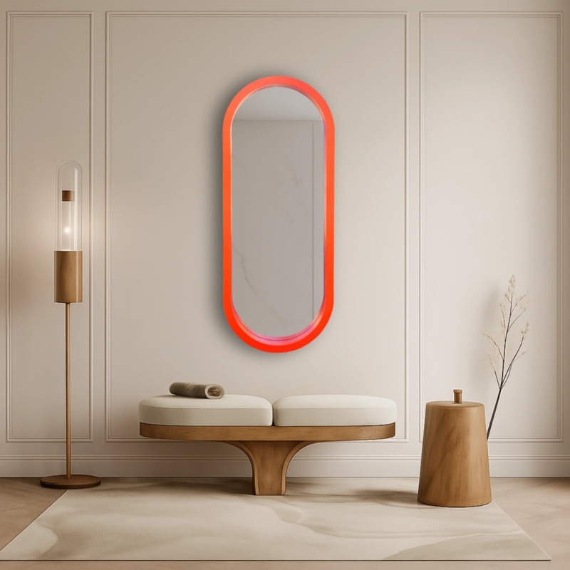 Pill Shaped Wall Mirror, Capsule Silhouette with Matte Orange Frame