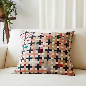 Pillow Cover Crewel Embroidery Indigo Checkered Artisanal Textured