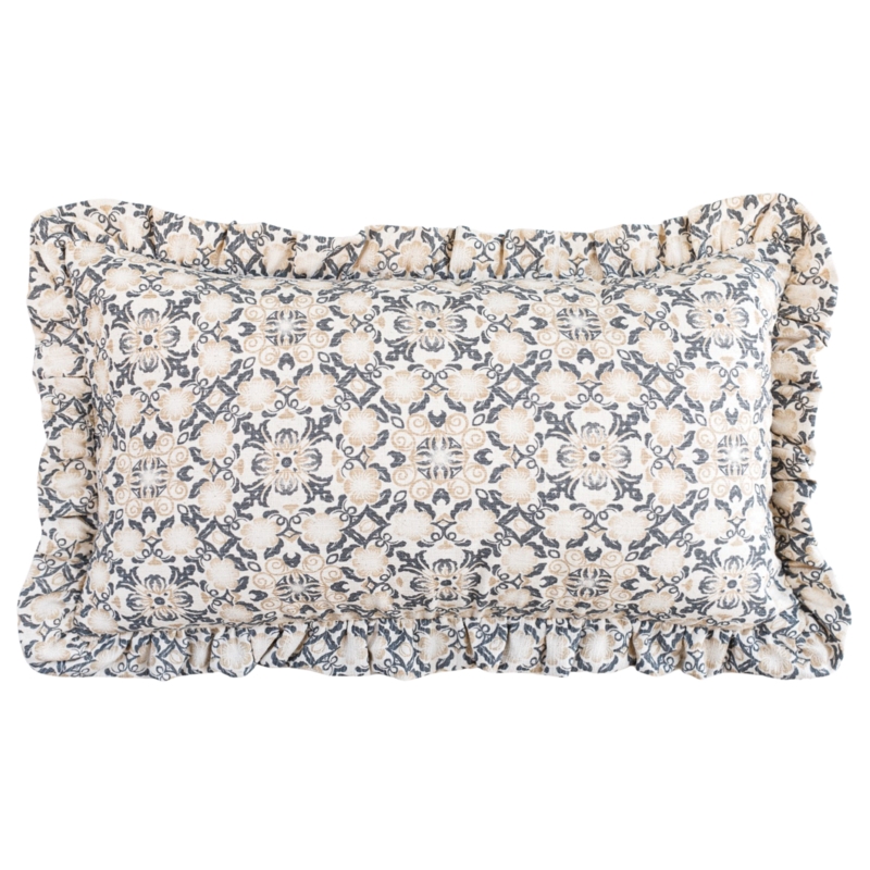 Pillow Cover Flounced Trim Charcoal Striped Off White French Country