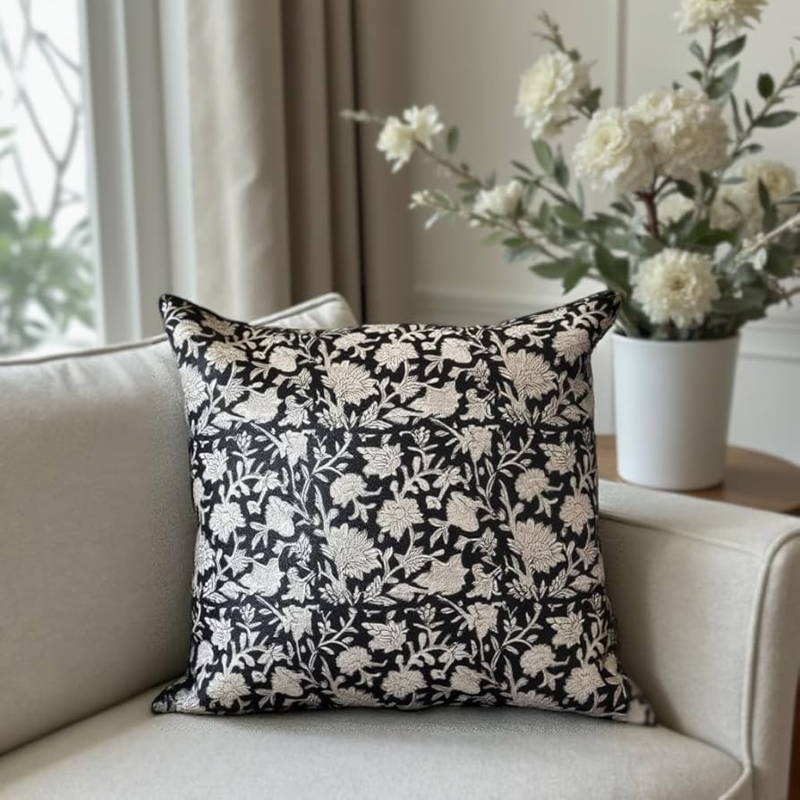 Pillow Cover: High Contrast Floral Charcoal Taupe Vintage Style