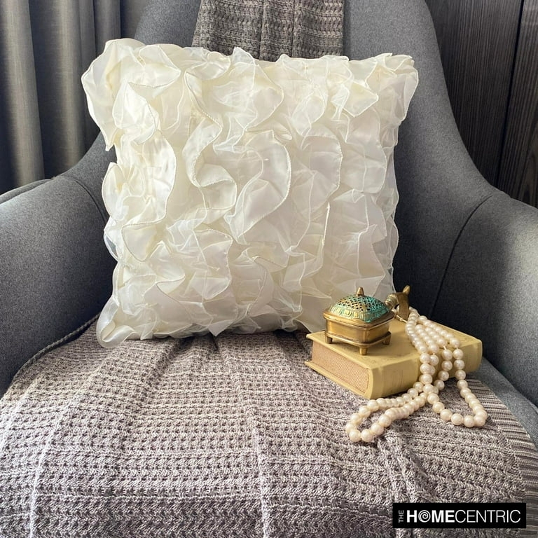 Pillow Cover Satin Like Fabric Sheen Ivory Ruffled Shabby Chic Cushion