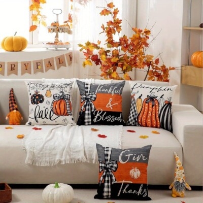 Pillow Cover Set Botanical Print Orange Cream Linen Texture Deco